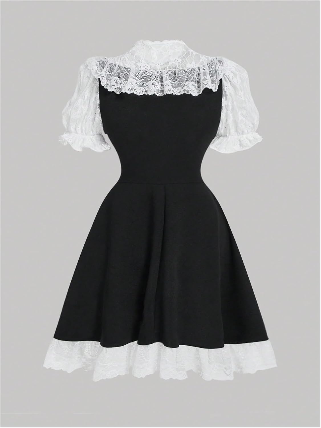 SHENHE Women's A Line Short Dresses Puff Sleeve Contrast Lace Stand Collar Summer Dress - Image 2