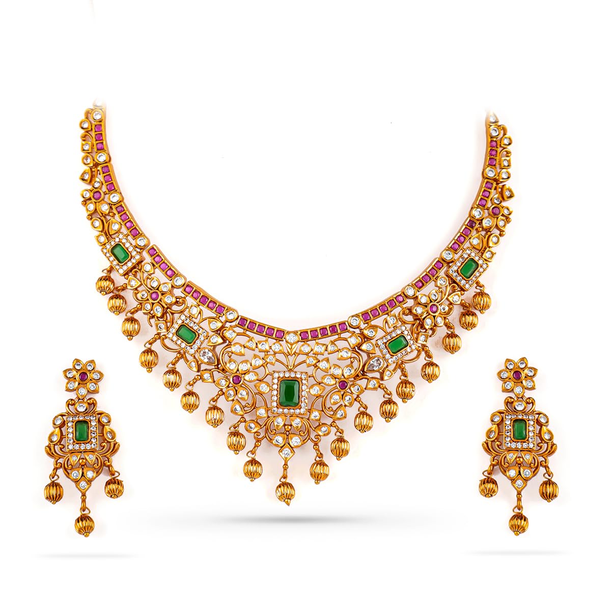 22K Gold-Plated White Pink Faux Ruby Studded Beaded Jewellery Set For Women