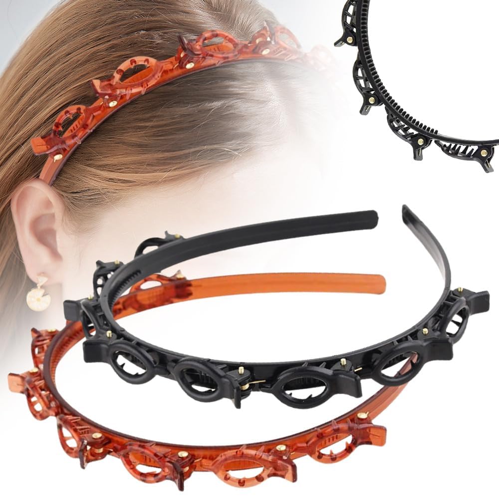 Headband with Clips 2 Pcs Bangs Hairstyle Hairpin Headband with 8 Clips Each, Multi Layer Toothed Braid Tool for Easy DIY Hairstyles, Hair Styling Accessories for Women Girls (Brown + Black, One Size)