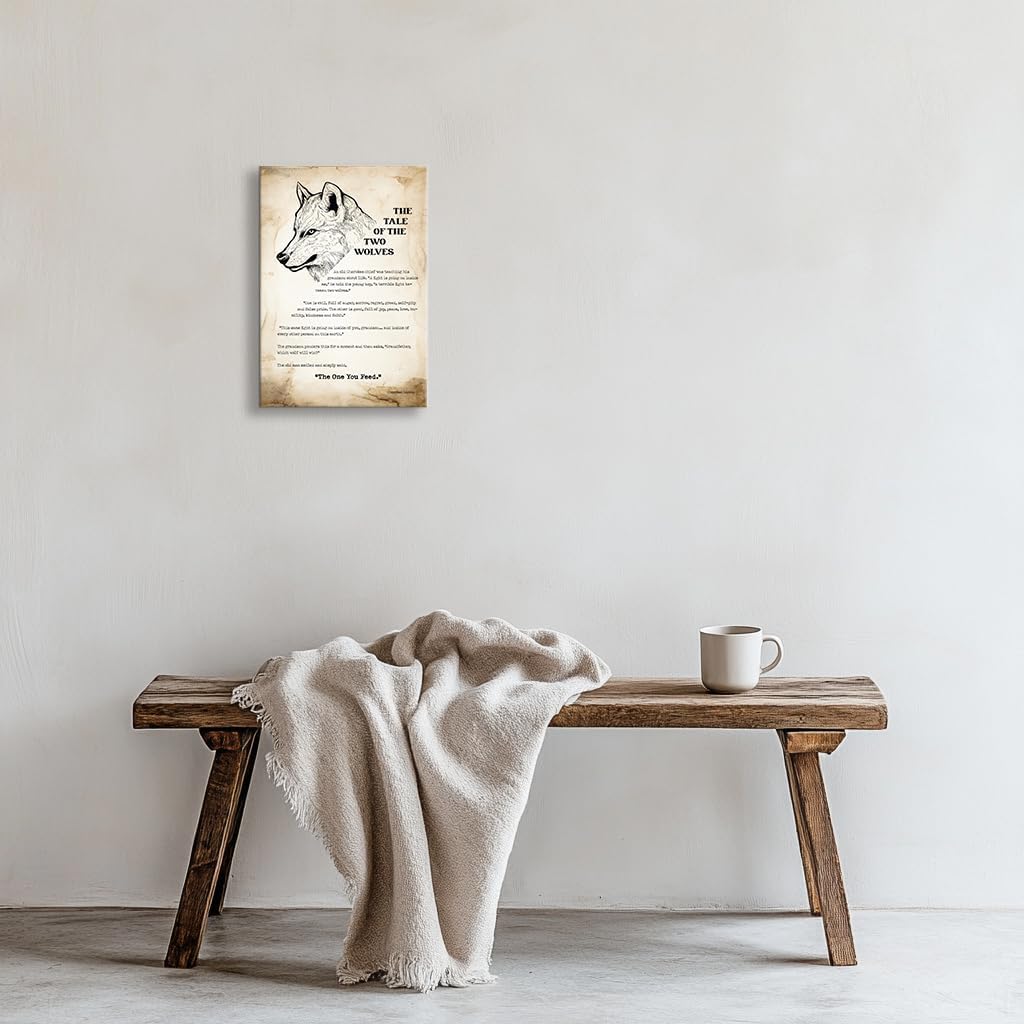Lnzinro Tale of Two Wolves Wall Art Framed Inspirational Quotes Poster Native American Wall Decor Spiritual Wisdom Poster Prints Vintage Motivational Canvas Home Decor 12x18 inches