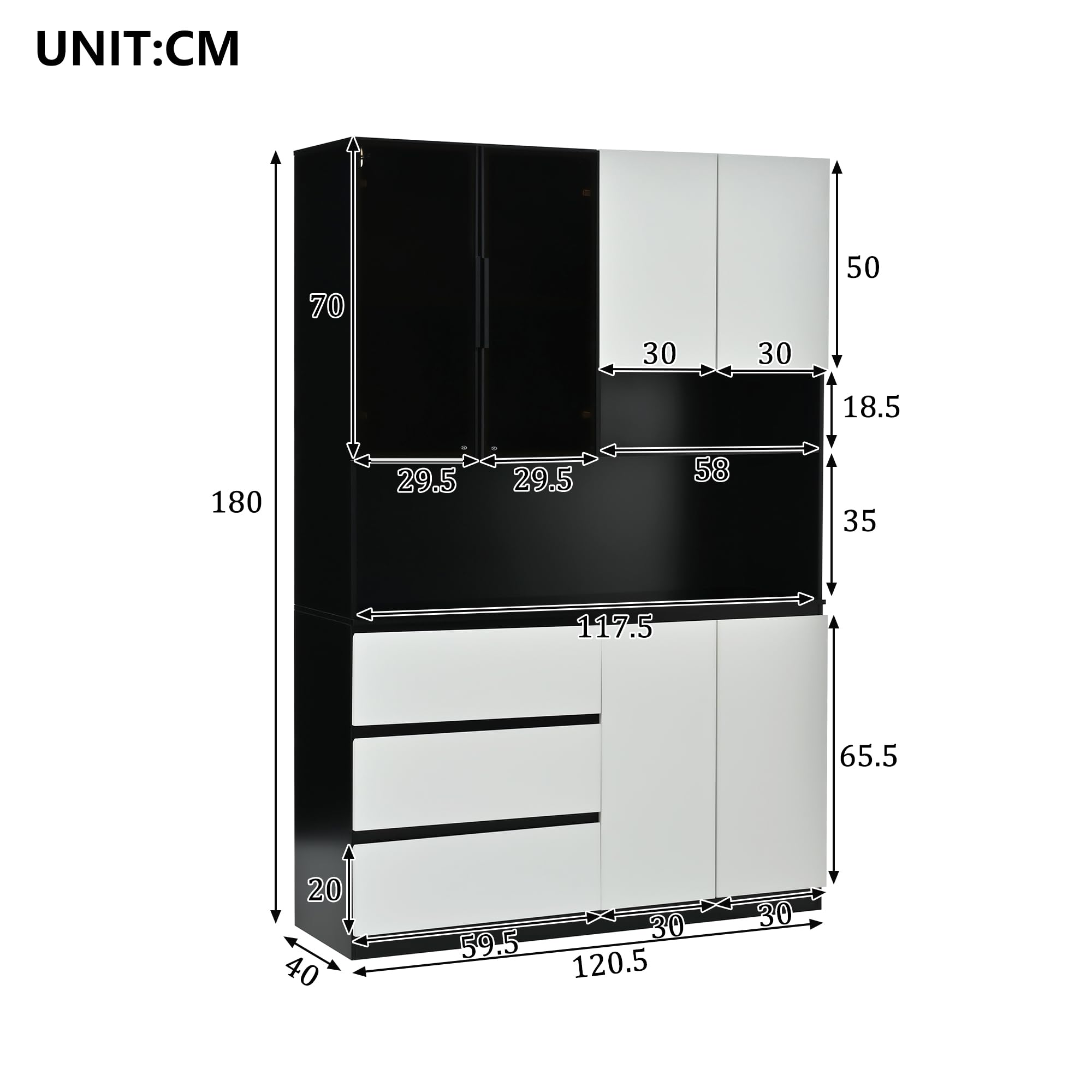 REXO Vetrina da cucina multifunzionale, con illuminazione a LED, 6 ante, 3 cassetti, ripiani, per riporre stoviglie, microonde, L 120,5 x P 40 x H 180 cm, bianco + nero