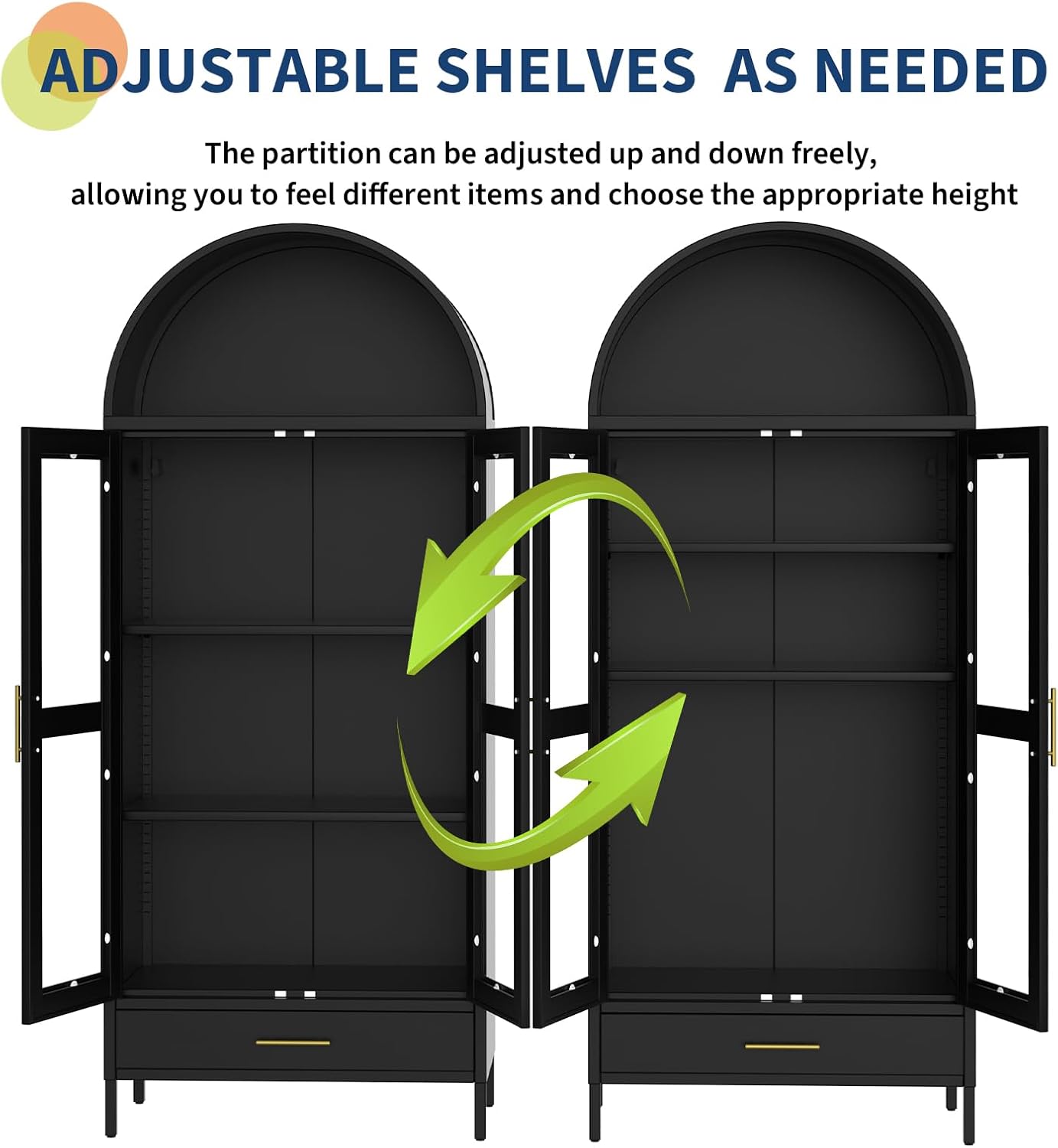 GarveeHome 73" Tall Arched Metal Storage Cabinet with Glass Doors & Drawer,Freestanding Pantry Cabinet with Adjustable Shelves, Modern Accent Bookshelf for Dining Room/Living Room, Black