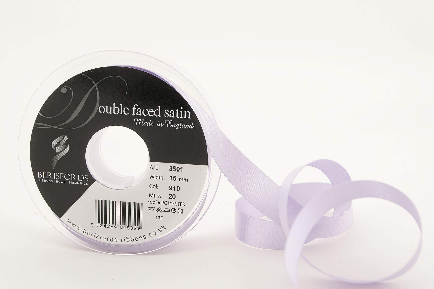 Berisfords 3501-OR-15 20 m x 15 mm Double Faced Satin Ribbon, Orchid - white