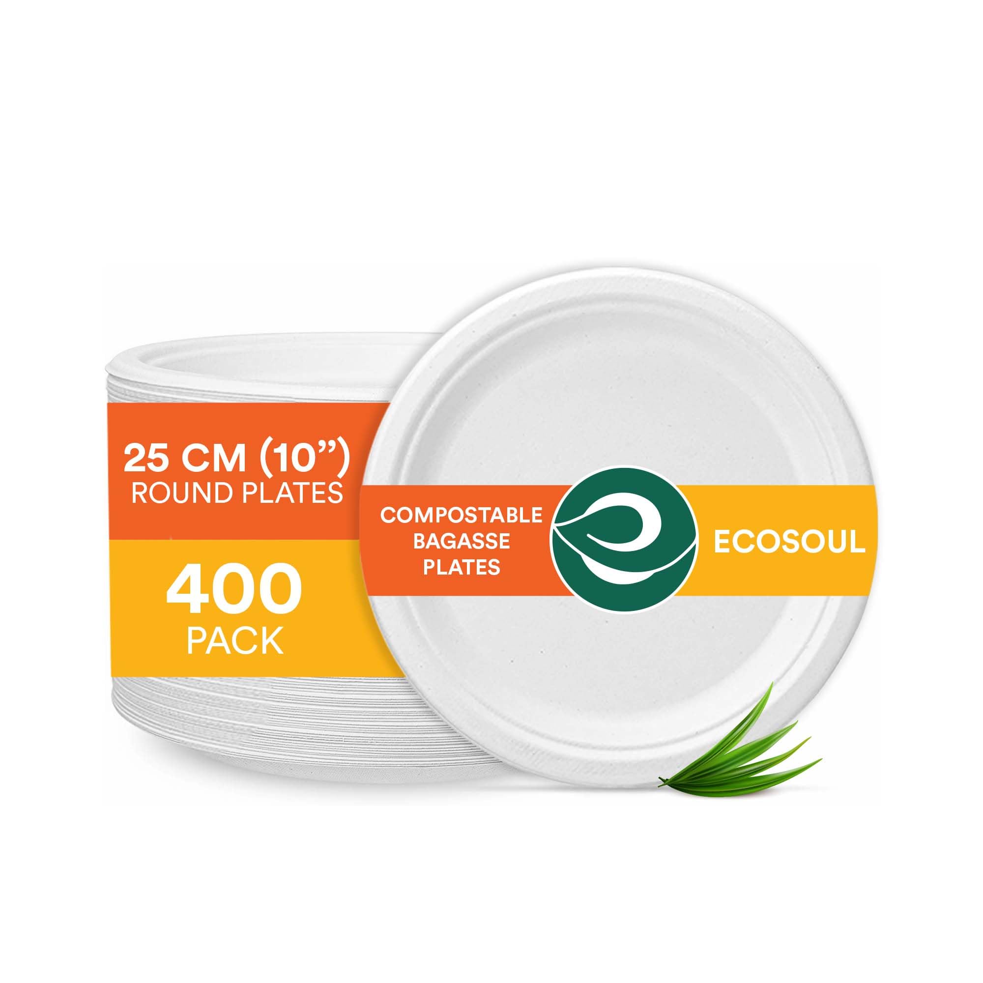 ECO SOUL Paper Plates (25Cm) 10" Disposable Plates - White (400-Pack)
