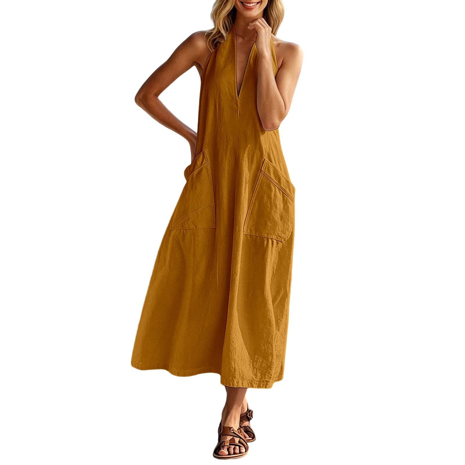 Robe midi décontractée originale avec col chemise et doubles poches