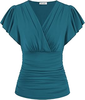 Womens Tops Dressy Casual, 2026 Ruffle Sleeve Wrap Blouses, V Neck Ruched Business Work Shirts Summer Clothes