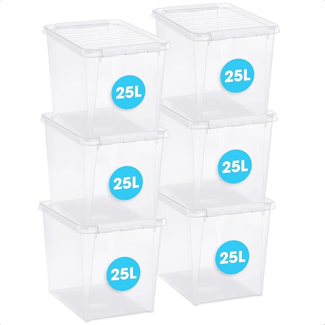SmartStore 25L Clear Plastic Storage Boxes with lids - Set of 6 - Transparent - Stackable and Nestable - 10 Year Guarantee- Food Safe and BPA Free - Clip Locked - L40 x W30 x H32 cm