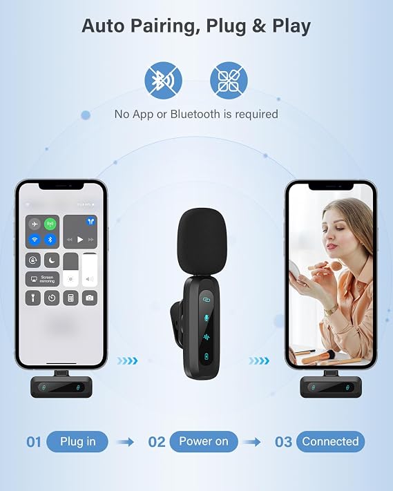 Wireless Lavalier Microphone for iPhone - iPad, Android Phone,Computer, Mini Lapel Mic with Noise Reduction for Video Recording, Vlogging, TikTok, YouTube