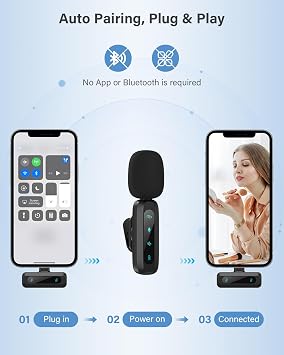 Wireless Lavalier Microphone for iPhone - iPad, Android Phone,Computer, Mini Lapel Mic with Noise Reduction for Video Recording, Vlogging, TikTok, YouTube