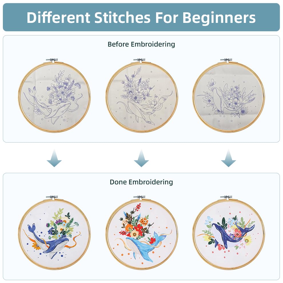 Image of KEKEMEOW 3 Sets Embroidery Kit for Beginners, Stitches with Whale and Flowers, Embroidery Stitch Practice kit for Adults Craft Lover, Cross Stitch Kit with Pattern、Instruction、Hoop
