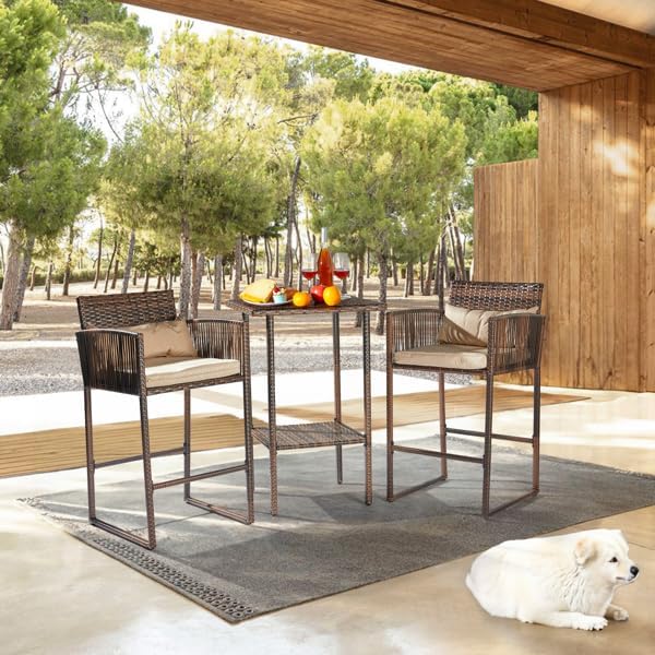 Outdoor 3-Piece Bar Set: 2 Wicker Bar Stools + 1 Bar Table, Patio Bar Height Bistro Set for 2 People, All-Weather PE Rattan Bar Stools, Brown Gradient High Top Table & Stools for Deck, Balcony, Garden