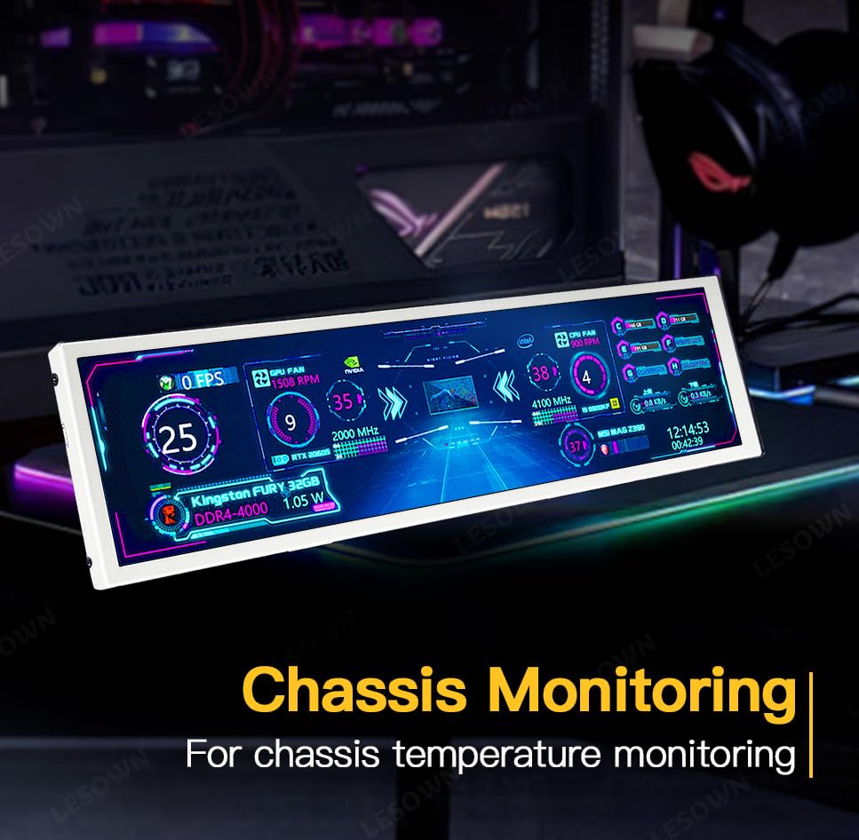 Image of 8.8 inch Mini Stretched Bar Monitor Touchscreen 480x1920 PC Temperature Display 600nits High Brightness Portable Secondary Screen LCD Screen Inside PC Case White
