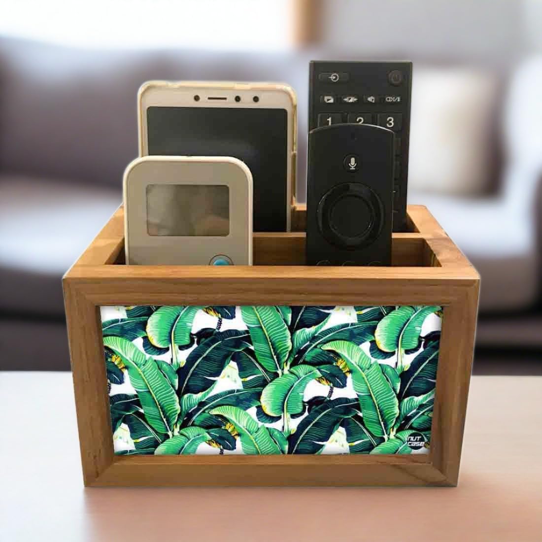 Nutcase Designer Teak Wood TV Remote Stand For Home Remote Holders Organizer Caddy for TV/AC Remotes Control -Multipurpose Desk Organiser-6�x4�x4� - Banana Leaves 1