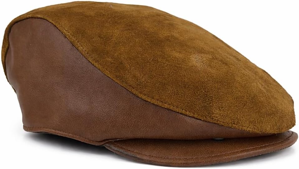 Generic Men's Brown Ivy League Classic Flat Cap - Newsboy Cap - Genuine Sheepskin Leather - Warm & Breathable - Ear Warmer