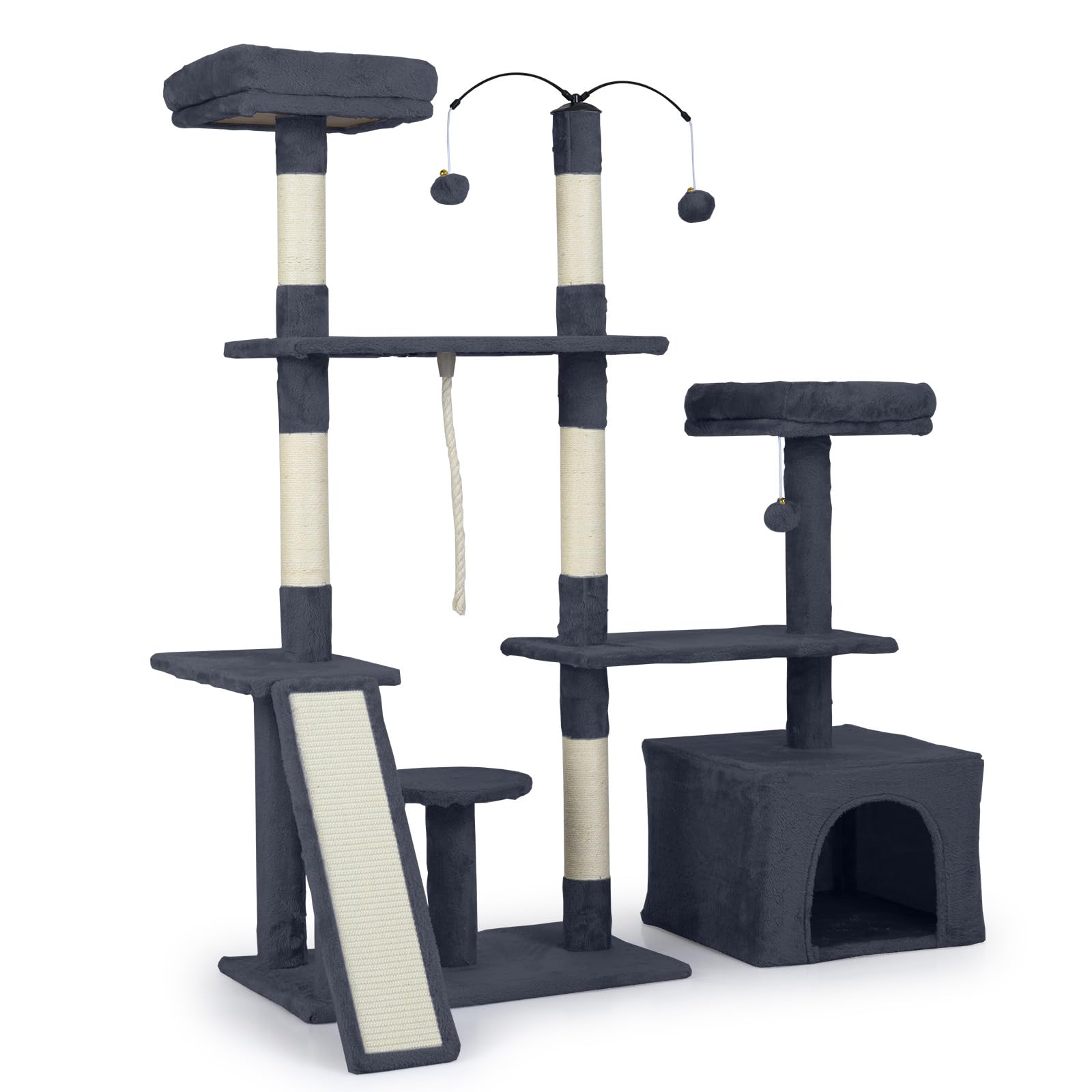 GYMAX Tiragraffi a 7 Livelli, Albero per Gatti in Legno con Casetta per Gatti e 2 Piattaforme, Albero Attività con Tronchi, Pannelli da Graffiare e Palline Gioco, Torre Tiragraffi (Grigio scuro)