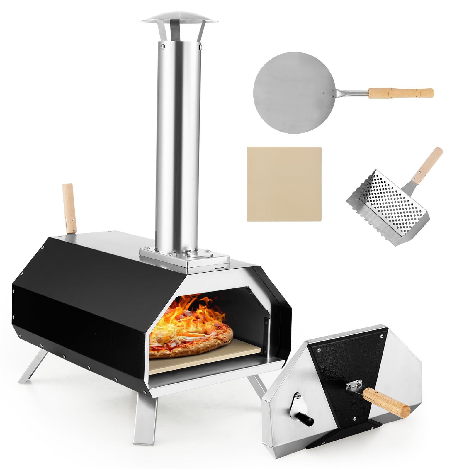 COSTWAY Four à Bois pour Pizza avec Pelle Pare-feu Pieds Pliables Pierre à Pizza de 30,5cm, Four à Pizza Extérieur Portable en Acier Inoxydable, Cheminée Amovible pour Jardin Terrasse