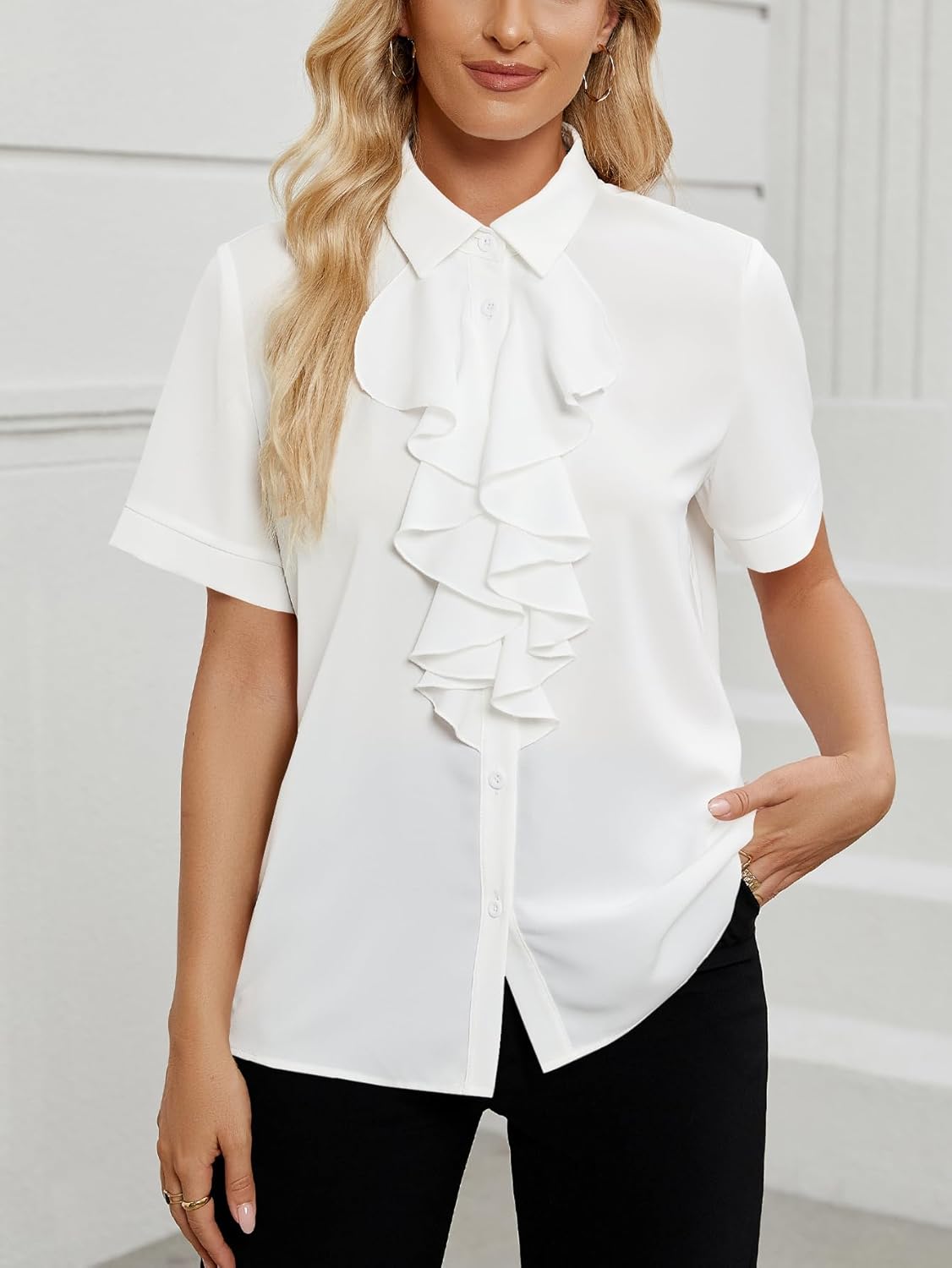 Vrtige Women's Ruffle Front Collar Neck Button Down Short Sleeve Blouse Shirt Top - Image 2