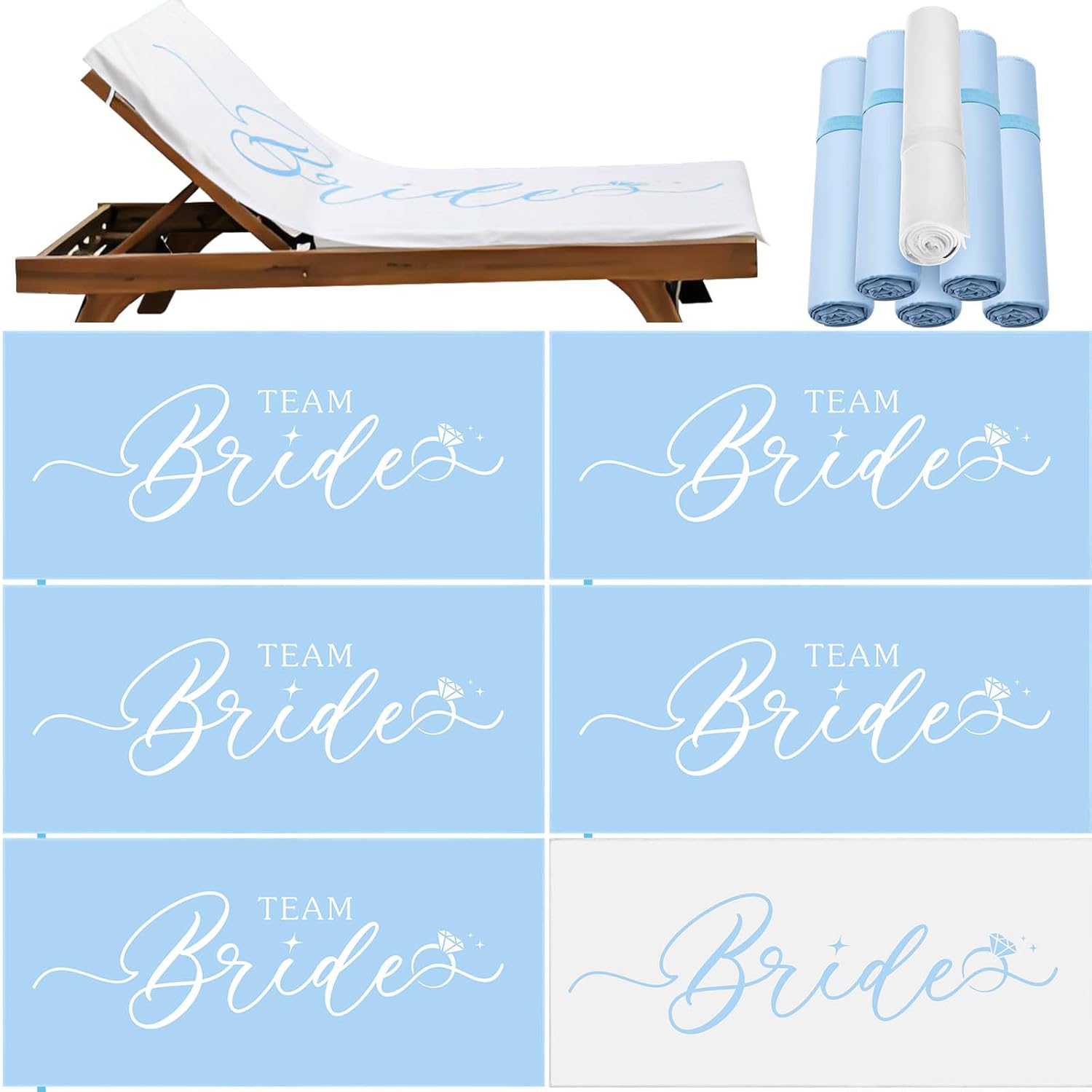 Peryiter 6 Pcs Bride Towels Bridesmaid Beach Towels 30‘’ x 60‘’ Bachelorette Gifts for Bride Beach Bachelorette Party Supplies Bridesmaid Favors Engagement Newlywed Honeymoon Decoration(White, Blue)