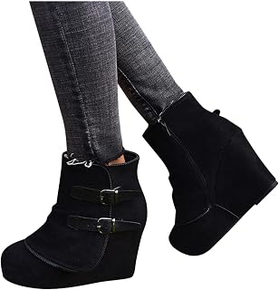 Womens Winter Boots Fashion Wedge Platform Ankle Boots Side Zipper Round Toe Black Suede Short Boots Winter Fall Booties
