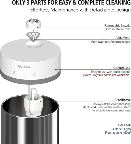 Miniatura 4 de Humidificador de acero inoxidable, humidificador ultrasónico de niebla fría de 4 litros con solo 3 piezas, fácil de limpiar, humidificador de