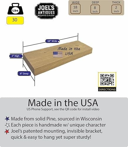 Vista 109 de joelsantiques - Estante rústico y contemporáneo con soportes, pino macizo, hecho a mano en Estados Unidos, 2 pulgadas de grosor x 8 pulgadas de Gris