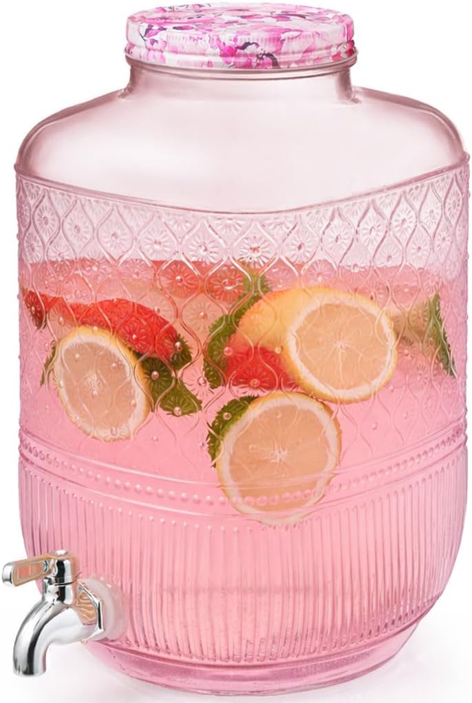 Godinger Drink Dispenser 2 Gallon, Large Glass Water Dispenser - (256oz) Blush