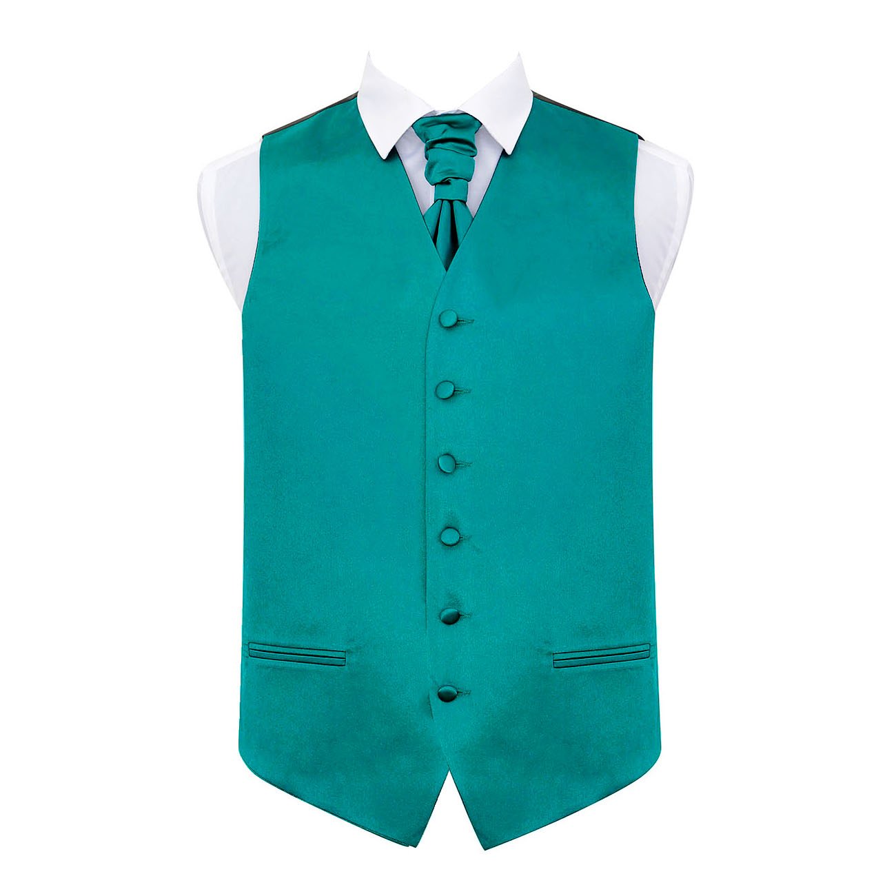Dqt Men's Teal Plain Satin Waistcoat & Pre-Tied Scrunchie Cravat Set (2Pc) - Wedding, Business & Formal - 38" (M)