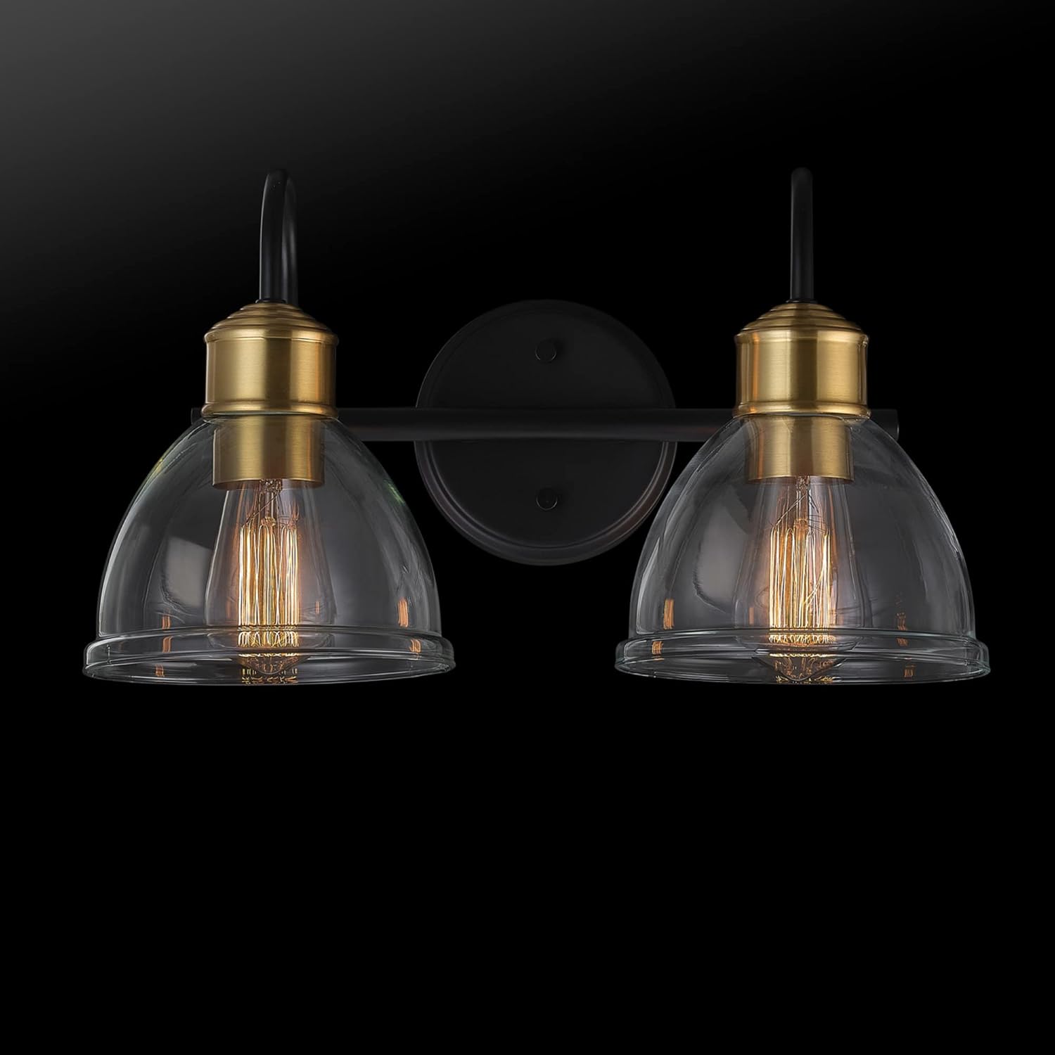 Globe Electric 63000000 16" 2-Light Vanity Light, Matte Black, Antique Brass Socket, Clear Glass Shades, Bulb Not Included