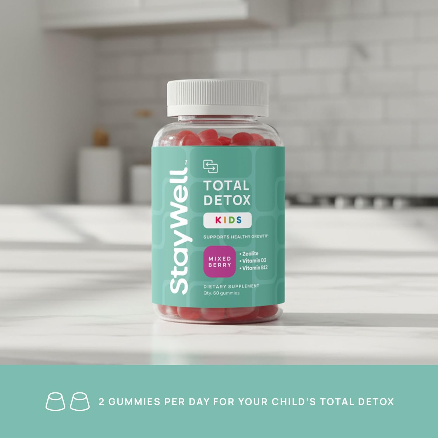 Stay-Well Naturals Natural Zeolite Heavy Metal Detox Kids, Chewable Gummy, Micronized Zeolite, Total Body Metal Cleanse, Toxin Cleanse, Non-GMO, 60 Mixed Berry Gummies