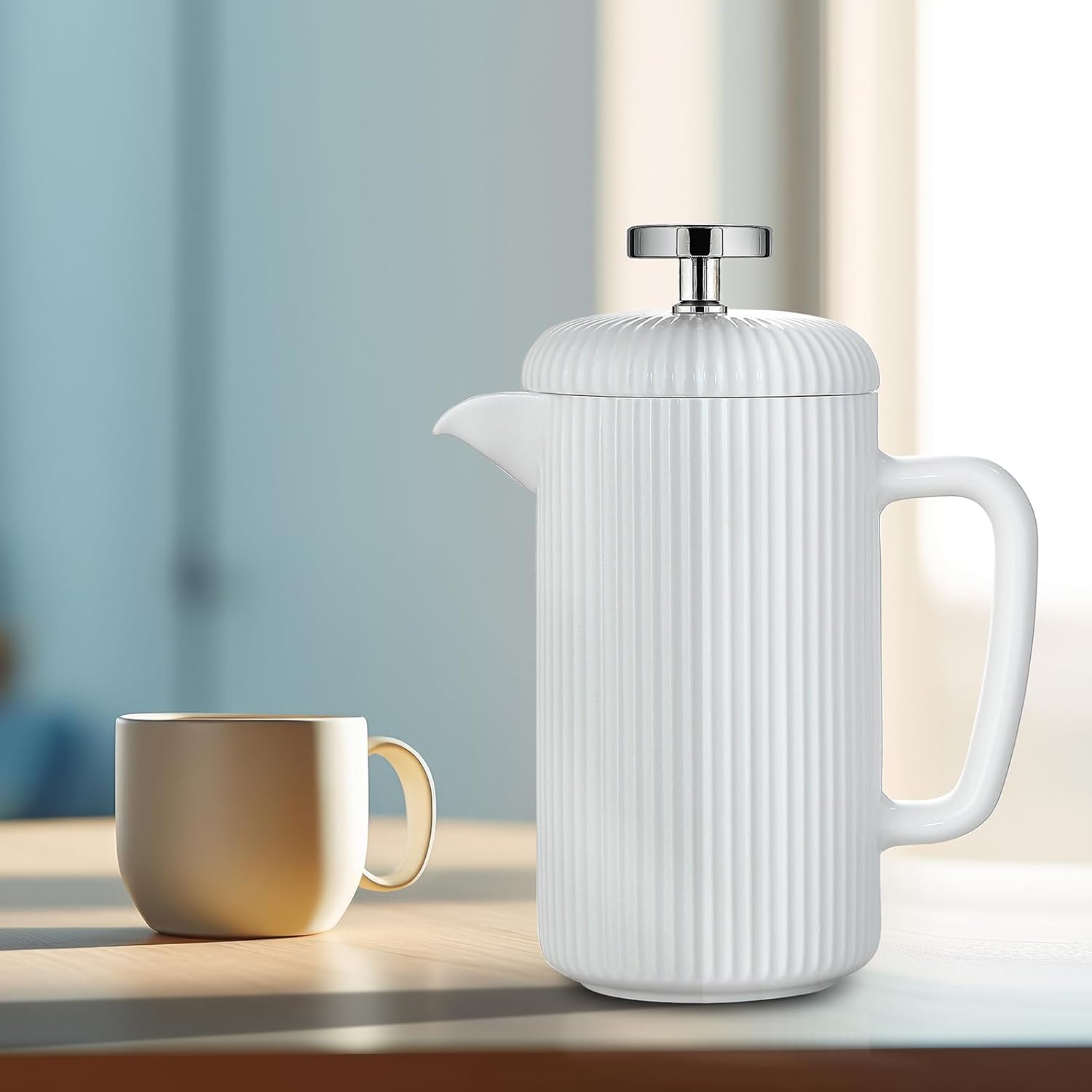 Easyworkz Porcelain French Press 22 fl oz, Coffee Maker with Stainless Steel Plunger, Ivory