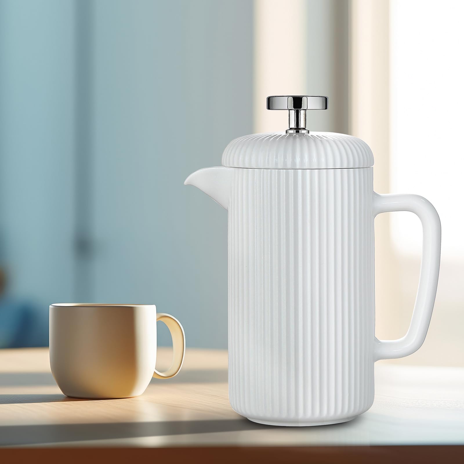 Easyworkz French Press in porcellana da 650 ml, caffettiera con stantuffo in acciaio inossidabile, avorio