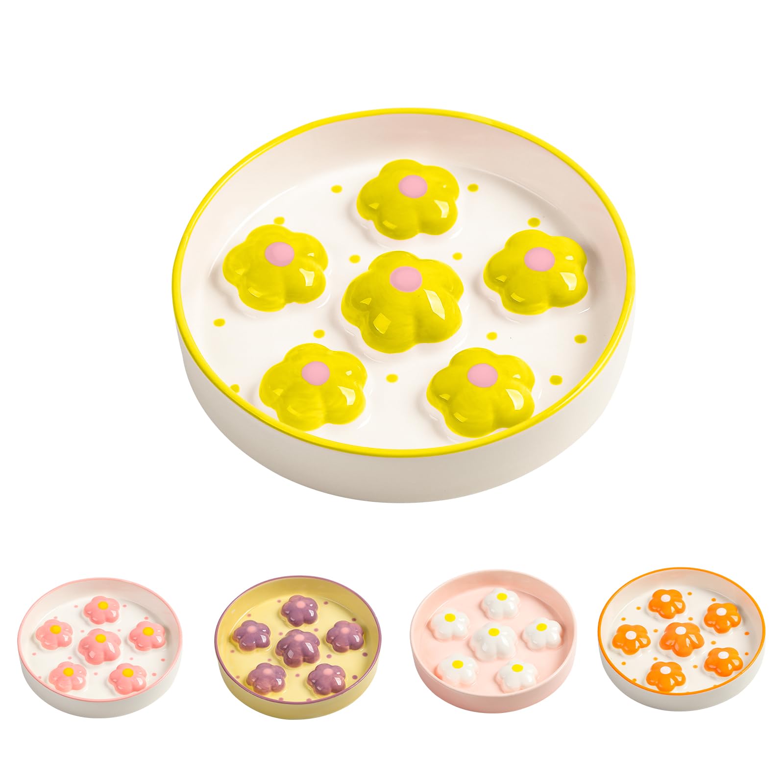 Comedero Gato Antivoracidad Comederos Gatos - Cuenco Gato Cerámica de Alimentación Lenta - Plato Comida Gato Colorida - Bol Comer Gato - Tazones Antivomitos para Gatos - Flores Amarillo - 16 x 3 cm