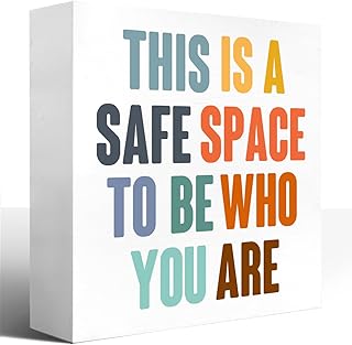 LVQHI This Is Safe Space to Be Who You Are Wooden Block Sign, Accepting and Welcoming Affirmation Plaque for Kids Bedroom & Playroom Wall, Supportive Counseling Office Decor, 5"L x 5"W x 1.2"H