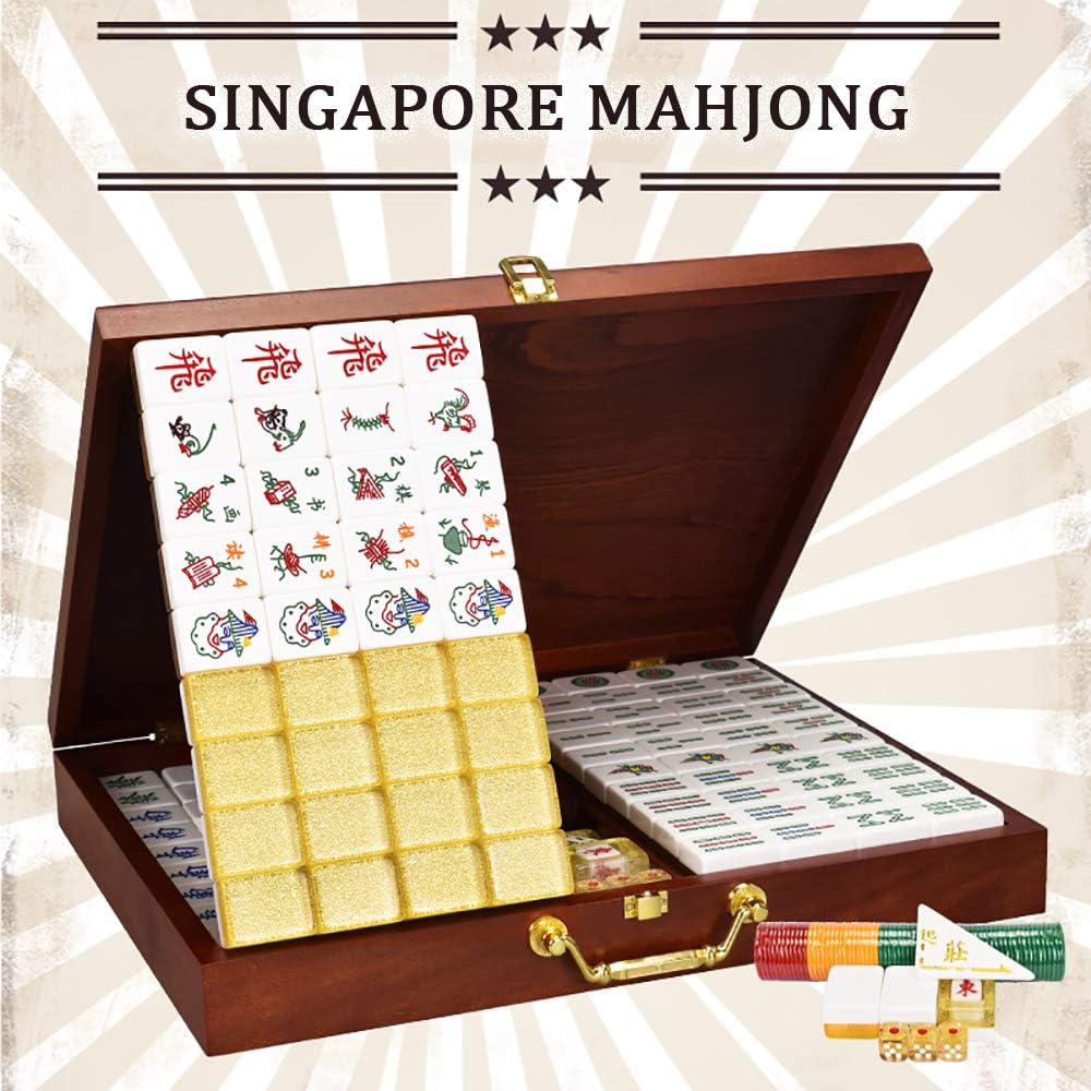 Mahjong - Juego de azulejos acrílicos y caja de madera para entretenimiento en casa y noches de juegos familiares