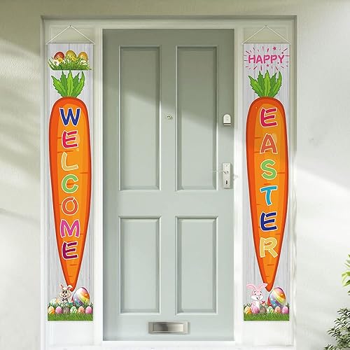 2 pancartas de tela para puerta de Pascua, huevos de Pascua, zanahoria, conejo, conejo, puerta colgante, porche, bandera colgante de bienvenida para