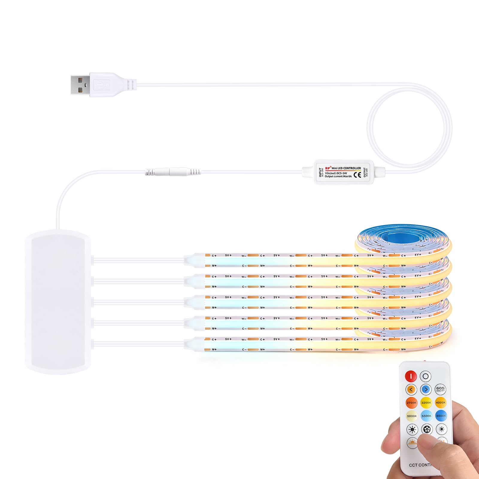 YGYCOBST 5 Pcs 1M 2700K Warmwhite-6500K White CCT COB LED Strip Kit，5V USB COB LED Strip Light with Remote Control for Acoustic Panel，Shelves，Showcases，Cabinet Decoration Lighting