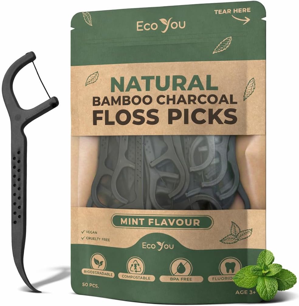 Biodegradable Floss Picks | 100 Count (2 Pack) | Mint Flavor, Candelilla Wax | Sustainable & Reusable | Vegan & Cruelty-Free | Bamboo Floss Picks, Bamboo Toothpicks