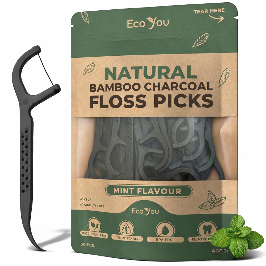 EcoYou Biodegradable Floss Picks | 50 Count (1 Pack) | Mint Flavor, Candelilla W