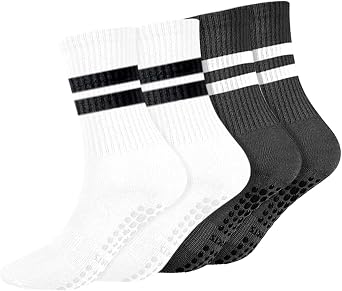 REEKNOKOL 2 Pairs Yoga Socks with Grips, Non Slip Pilates Socks Long Grip Socks for Women Girls Home Gym Sports Workout Fitness