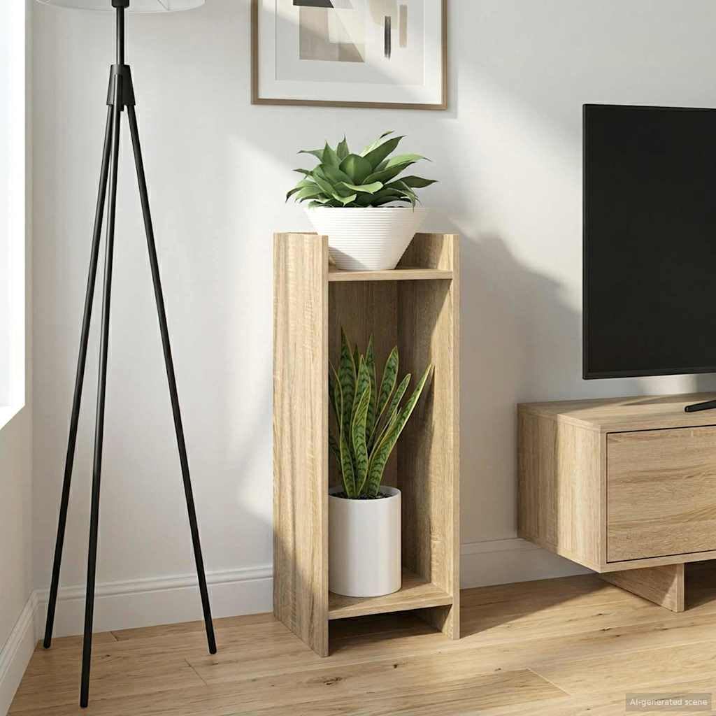 Soporte para plantas de roble Sonoma, 30 x 30 x 80 cm, columna para plantas de madera, moderno soporte para flores con 2 estantes para plantas de interior, soporte vertical para salón y