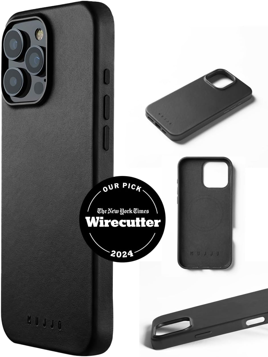Mujjo Full Leather Case for iPhone 16 Pro Max – Best Leather iPhone 16 Case by NYT Wirecutter – Premium Velore Leather, MagSafe Compatible, Ultra-Durable Protective Design - Black