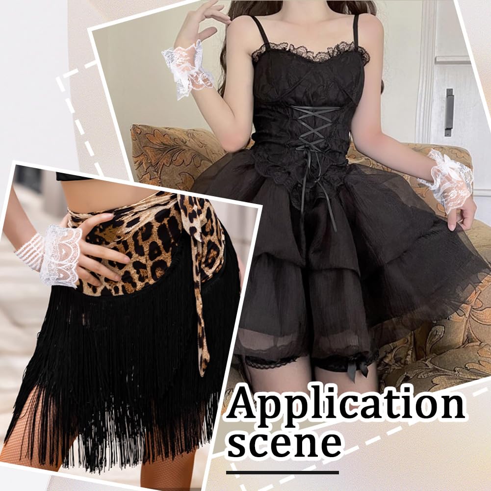 CABODYALS 2 works 2 Styles White Bow Floral Sheer Mesh Lace Removable Wrist Cuffs Bracelets Ruffle Costume Short Fingerless Gloves Hand Sleeve Cuff for Wedding Tea Party Cosplay Decor - Image 4