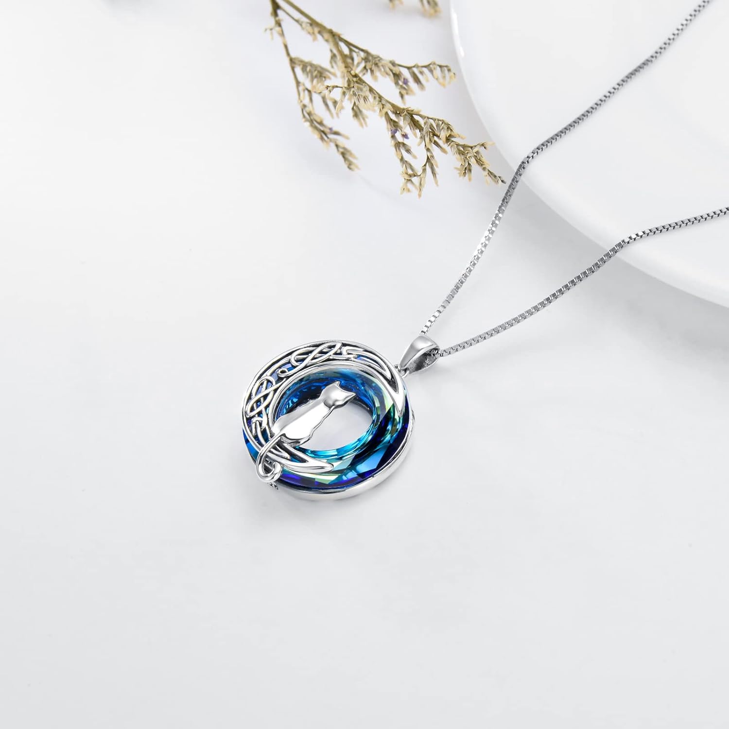 TOUPOP Cat Gifts for Cat Lovers One Two Three Four Cats Necklace Sterling Silver Cats on the Moon Pendant Necklace with Blue Circle Crystal Birthday Christmas Celtic Jewelry Gifts for Women - Image 3