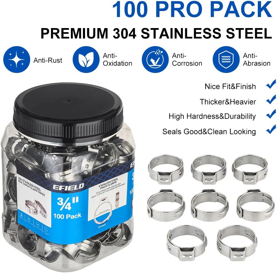100-Pack EFIELD 3/4-inch Stainless Steel Pex Cinch Clamp Rings for Pex Tubing Pipes,(CLAMP018)