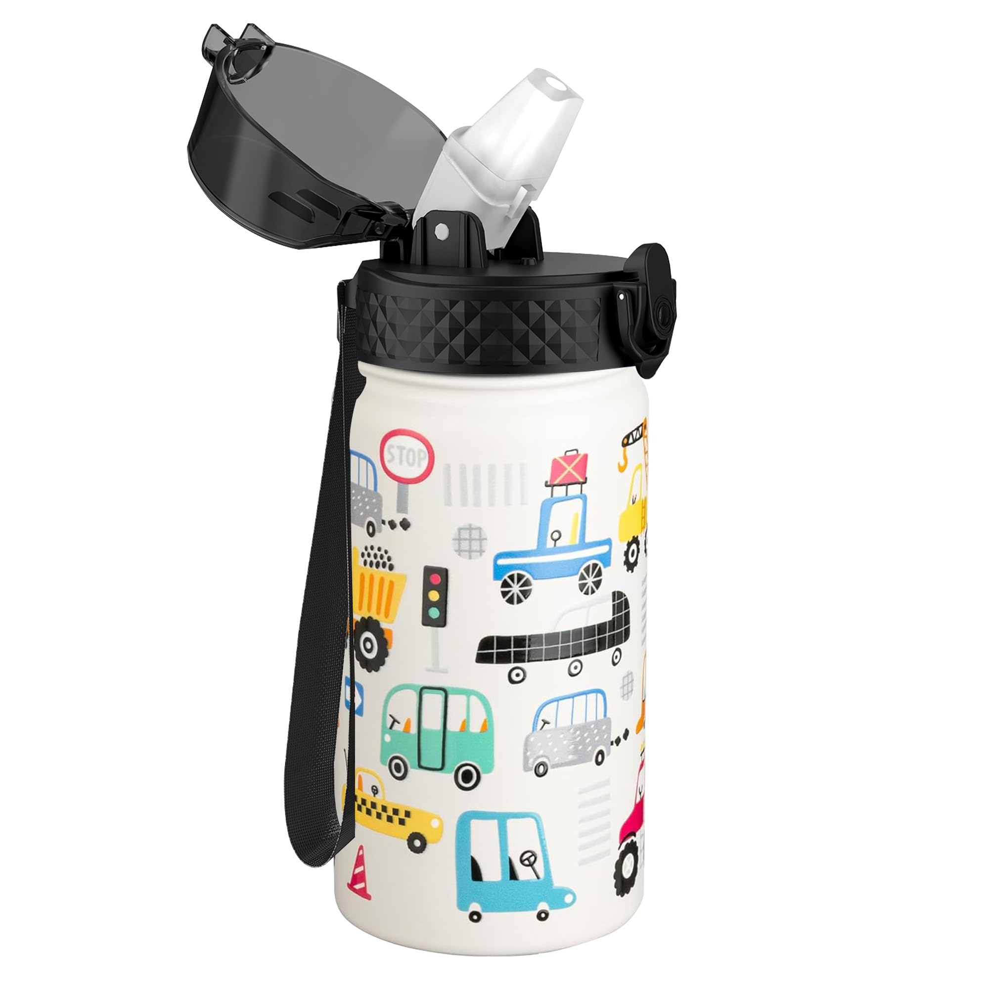 GOPPUS Kids Water Bottle (Straw Lid) - 14 Oz Stainless Steel Travel Bottle, Double Wall Vacuum Leak Proof Kids Cup for School Boys Girls,White engineering car