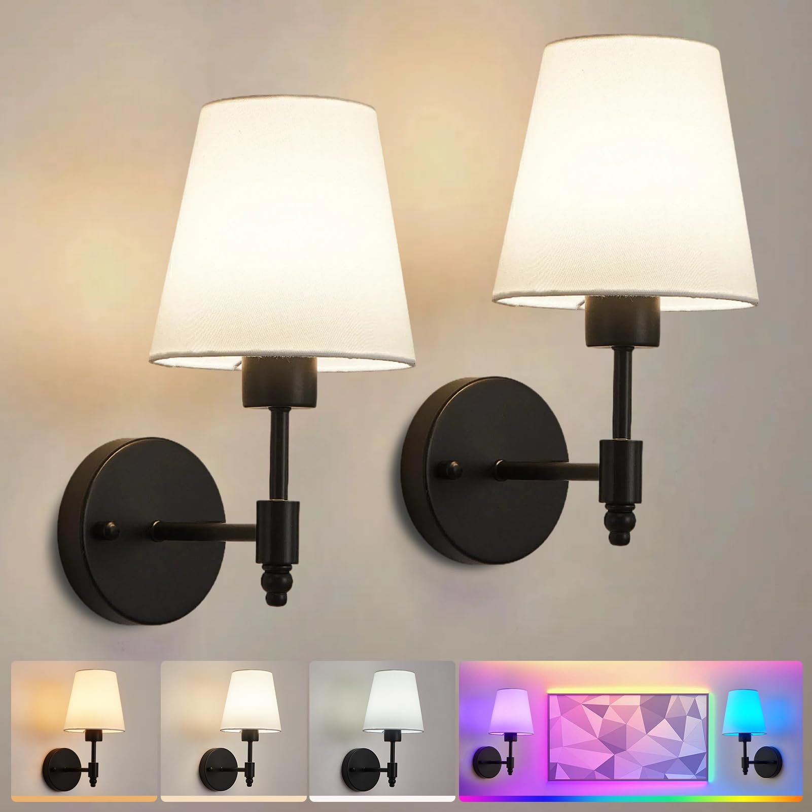 Harper Living Black Set Of 2 Wall Lights, Fabric Lamps With Remote