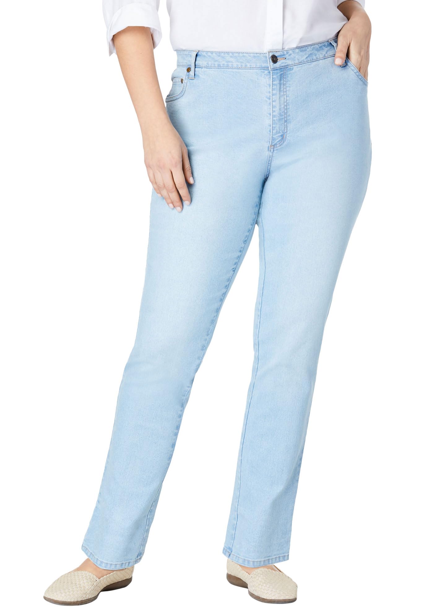 Woman Within Plus Size Straight-Leg Stretch Denim Five-Pocket Jeans
