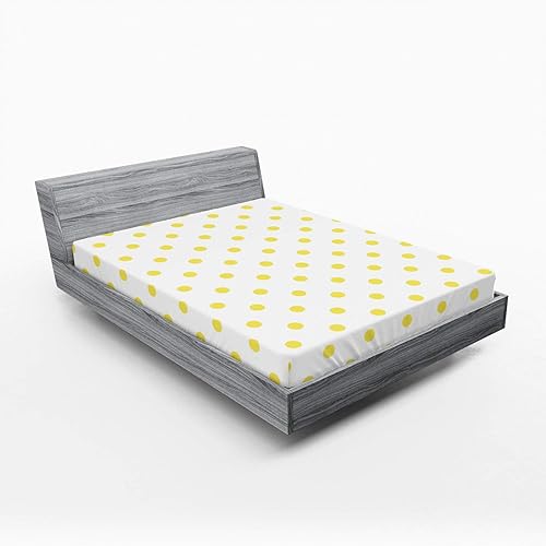 Lunarable Sábana bajera ajustable de lunares, pequeños lunares amarillos retro sobre fondo liso, patrón circular de igual tamaño, ropa de cama de disponible en Yaxa Peru