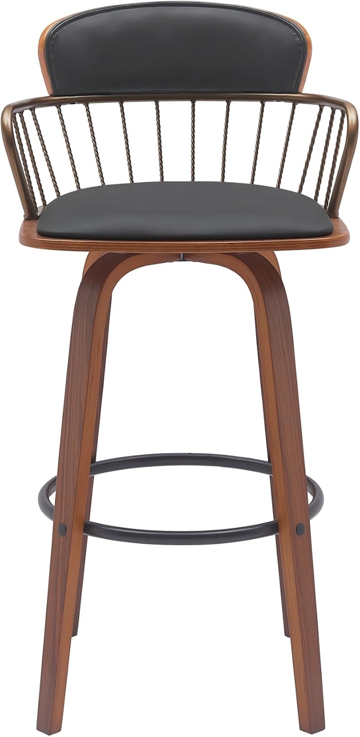 Armen Living Willow 25.5" Seat Height Mid Century Modern Swivel Walnut Wood Bar Stool for Kitchen Island Counter in Black Faux Leather with Golden Bronze Metal