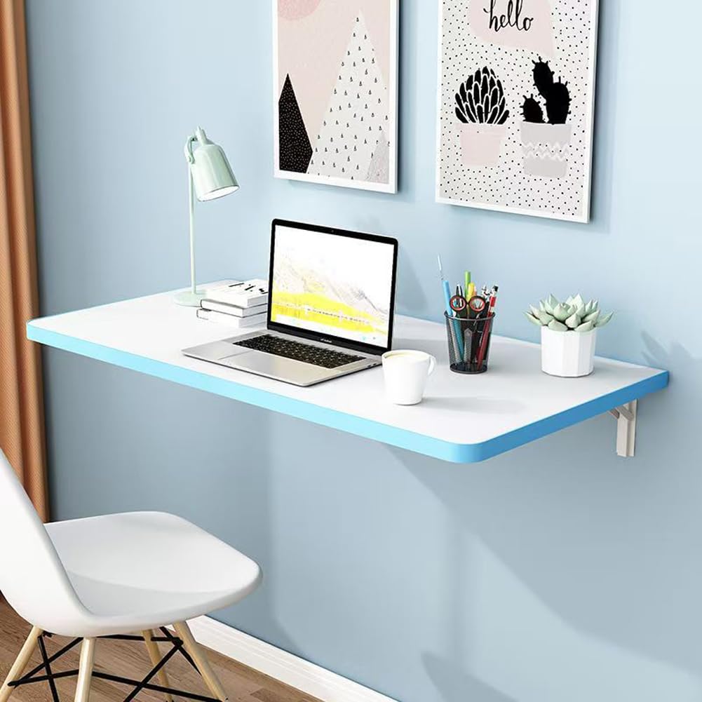 GDMDPTE Space-Saving Wall-Mounted Folding Table Blue Drop-Leaf Workbench for Home Office Kitchen & Laundry - 60x30CM Floating Laptop Desk with Brackets